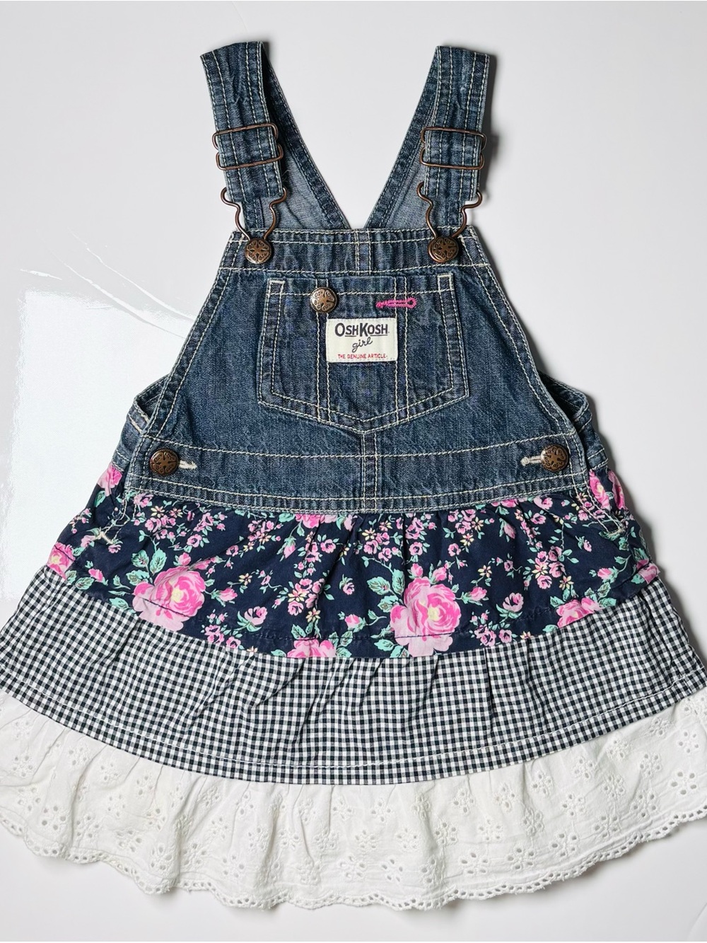 OshKosh B'gosh Floral Lined Denim Snap Overalls Lace Summer Bohemian 24M